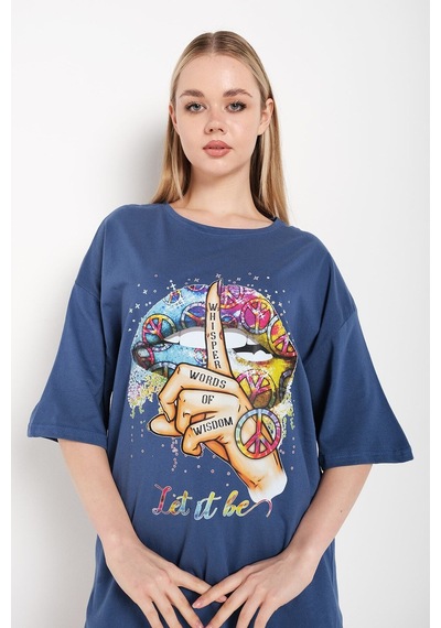 Flood Of Style Kadın Indigo Let It Be Baskılı Oversize T-shirt Lacivert