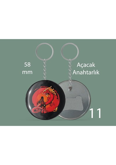 58 Mm Buton Açacaklı Anahtarlık Yuvarlak Baskılı Anahtarlık Ejderha Ve Kadın Çok Renkli