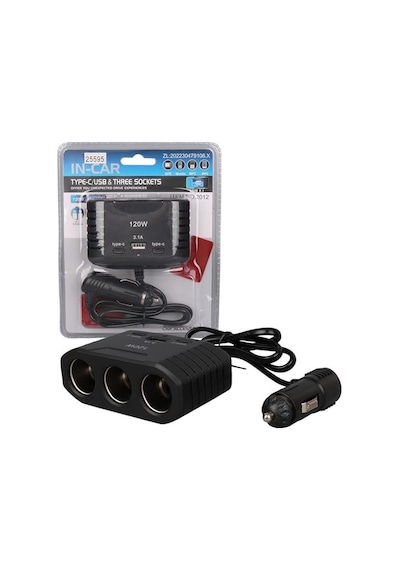 Olesson 2012 12-24v Çift Type-c - Tek Usb Girişli 120w 80cm Kablolu 3'lü Araç Çakmak Çoklayıcı