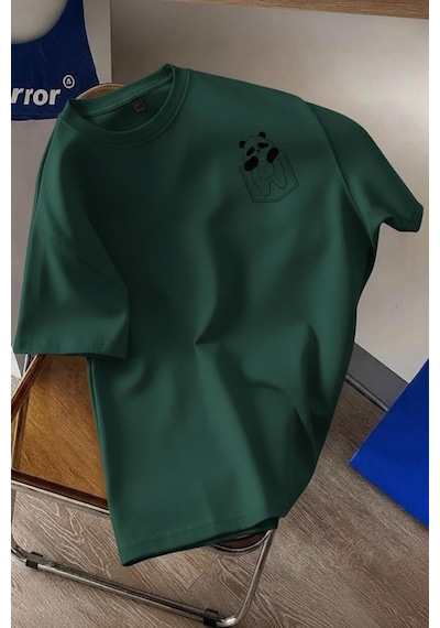 Cepte Panda Baskılı Oversize Unisex Pamuklu Tişört Battal Büyük Beden Tshirt Yesıl