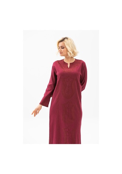 Eliş Şile Bezi Uzun Kol Şile Bezi Simli Kaftan Midi Boy Elbise Bordo