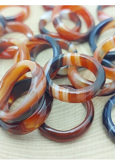 Akik Taşı Yüzük Kahve Siyah Beyaz Alacalı Faset Kesim 6mm Kalınlık 59920 Bakır