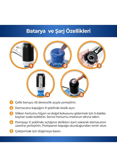Vayomy 4 W Şarjlı Otomatik Damacana Su Pompası 1200 Mah Bataryalı, Bpa İçermez, Ce Belgeli Su Dispenseri Beya