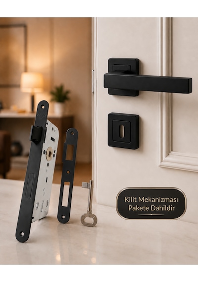 Mat Siyah Kare Rozetli Kilitli Kapı Kolu Oda Kapıları İçin Kilit Mekanizması Dahil - Sessiz Kilitli 40 Mm 23