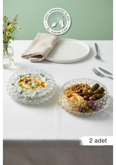 Selen Concept Bubble Model Orta Boy El Yapımı Cam Salata Ve Sunum Kasesi 2'li Set Şeffaf