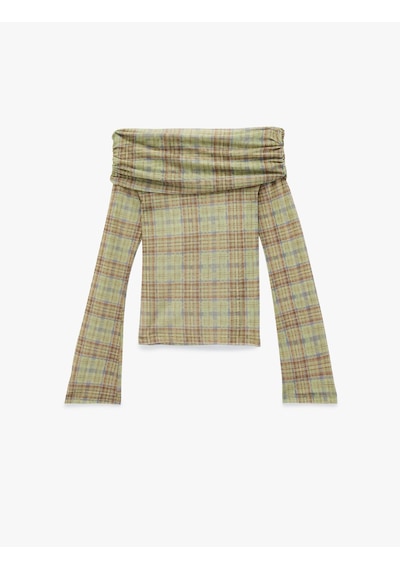 Koton Uzun Kollu Slim Fit Omzu Açık Ekose Tişört Yeşil Ekose 6wal10573ık Yeşil Ekoseli