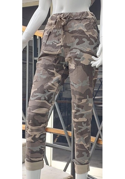 Eren Style Italyan Beli Bağlamalı Kamuflaj Desenli Dar Paça Pantolon-9078 Vizon
