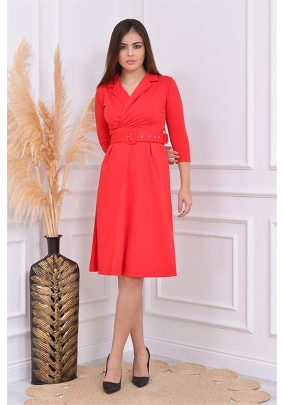 Dip Moda Kadın Kermerli Astarsız Krep Elbise Dpndbks016 Kırmızı
