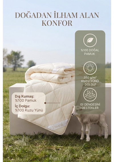 Tek Kişilik %100 Doğal Kuzu Yünü Yorgan Pamuk Kılıflı Kokusuz Terletmez Yıkanabilir 135x200 Cm Krem