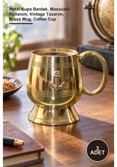 3 Adet Pirinç Çapali Kupa Bardak Metal Kupa Bardak, Masaüstü Kullanım, Vintage Tasarım, Brass Mug, Coffee Cup