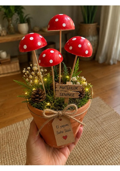 Dekoratif El Yapımı Kırmızı Mantar Saksı Süsü 4 Lü Set