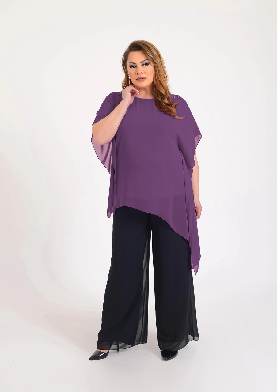 Lilas Xxl Büyük Beden Mor Renkli Asimetrik Kesim Şifon Bluz Mor