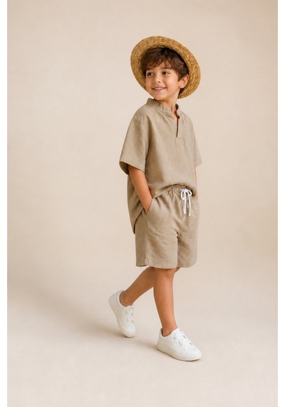 Eray Alp Kids Erkek Çocuk Bej Keten Tişört Şort Takımı Yazlık Günlük Model