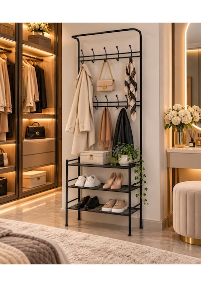 Siyah Alüminyum Vestiyer Askılık 3 Katlı Ayakkabılık Çok Amaçlı Portmanto 68x34,5x186 Cm