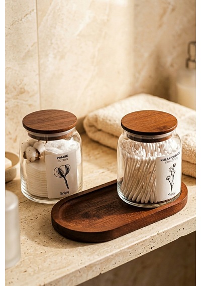 Velar - Bambu Standlı Vakum Bambu Kapaklı Etiketli Banyo Düzenleyici Cam Banyo Seti Banyo Organizeri Kahverengi