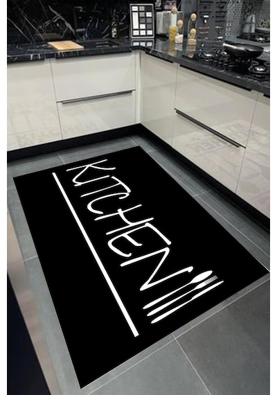 Dijital Baskılı Siyah Kitchen Desenli Dekoratif Yıkanabilir Kaymaz Taban Mutfak Halısı Çok Renkli