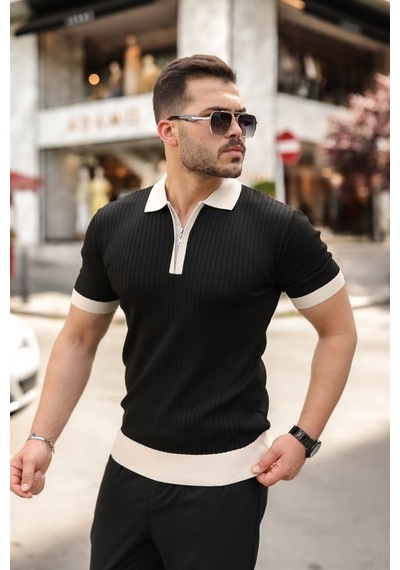 Veraura Lifestyle Erkek Yaka Ve Kol Detaylı Fermuar Yakalı Çizgi Desen Kısa Kollu Triko Tişört Siyah Veraura Lifestyle Erkek Yaka Ve Kol Detaylı Fermuar Yakalı Çizgi Desen Kısa Kollu Triko Tişört Siyah