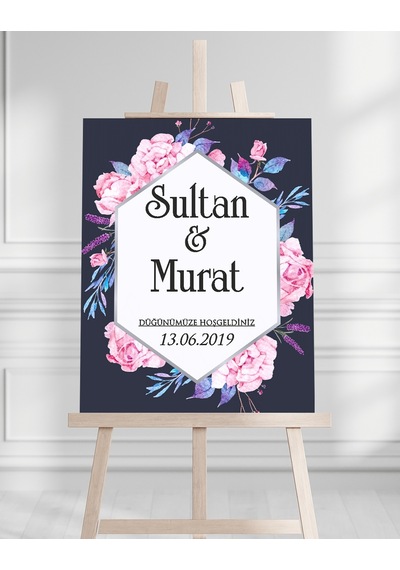 Söz Nişan Düğün İçin 50x70 Karşılama Panosu - Pembe Gül Pastel Tasarımlı Beyaz