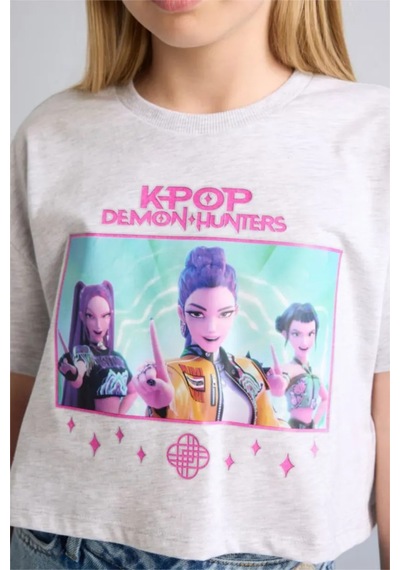 Defacto Kpop - Demon Hunters Cropped Fıt Bisiklet Yaka Kısa Kollu Tişört Kız Çocuk H9478a826hsgr421 Gri-gr421