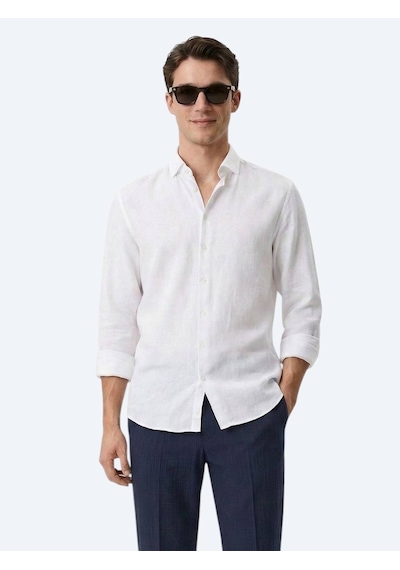 Kip Beyaz Düz Regular Fit Uzun Dokuma Casual Pamuk Karışımlı Gömlek