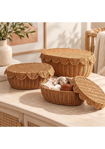 3'lü Kapaklı Rattan Saklama Kutusu Seti Dekoratif Organizer Sepet Çok Renkli