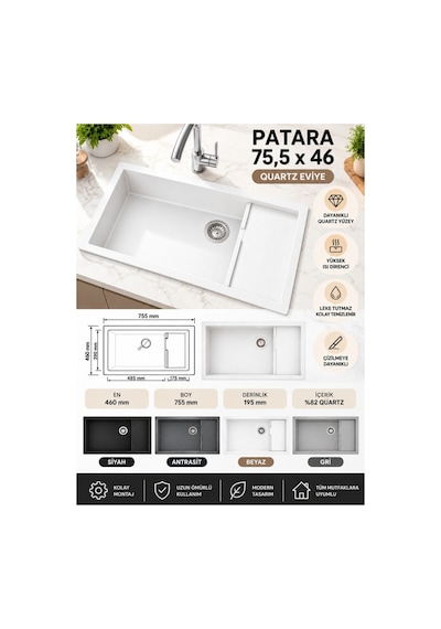Granit Evye Nero Series Beyaz Renk En :460mm Boy :610 Mm Derinlik :195 Mm
