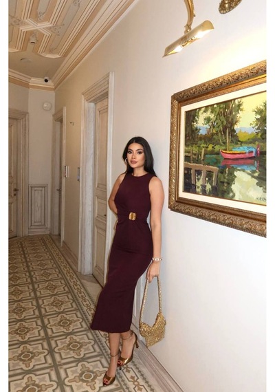 Kechi Woman Double Kumaş Aksesuarlı Uzun Elbise Bordo