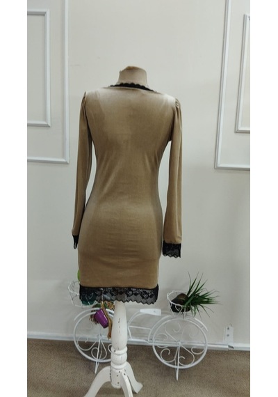 Bhrwear Kadın Uzun Kollu V Dantel Yakalı Önden Düğmeli Kısa Kadife Elbise Renkli