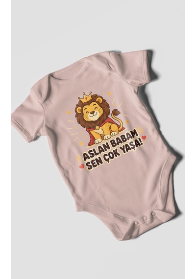 Morivokids Aslan Babam Sen Çok Yaşa Kısa Kollu Bebek Body %100 Pamuk Pastel Pembe