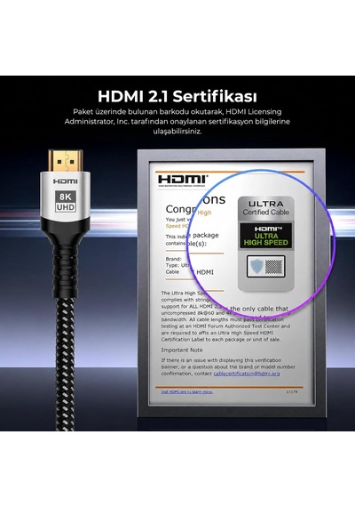 Ultra Sertifikalı Hdmı 2.1 Kablo, 8k 60hz, 4k 240hz, 48 Gbit/s, Hdmı Sertifikalı, Alüminyum Gövde - 2 Metre