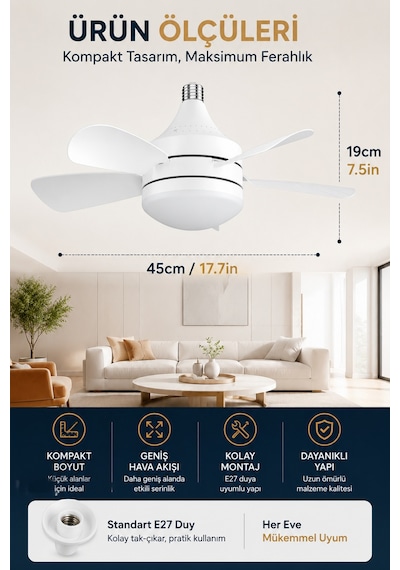 Kumandalı E27 Led Tavan Vantilatörü 2000 Lümen 3 Renk Işık 3 Kademeli Sessiz Tavan Lambası