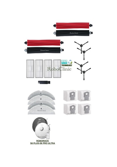 Roborock S8 Plus, S8 Pro Ultra Uyumlu Yedek Toz Torba, Fırça, Hepa Filtre, Mop Seti-21 Parça