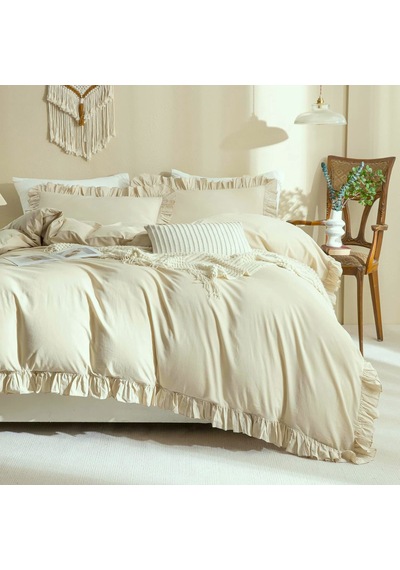 Maki Home Fırfırlı Bej 200x220 Çift Kişilik Nevresim Seti