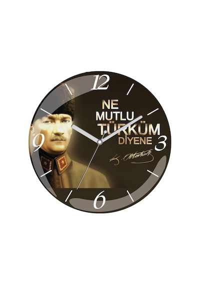 Atatürk Ne Mutlu Türküm Diyene Bombeli Gerçek Cam Duvar Saati Çok Renkli