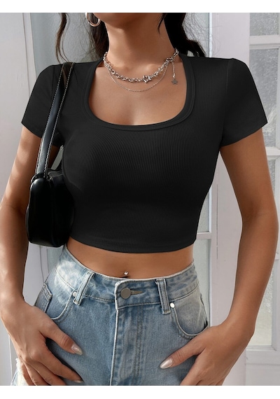 Liona Kare Yaka Siyah Renk Fitilli Kısa Kollu Slim Fit Crop Top Bluz