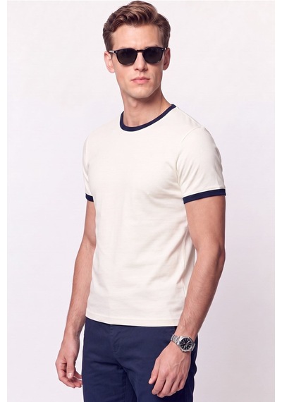 Efor Slim Fit Bisiklet Yaka Ekru - Lacivert Tişört Ts 932 Ekru-lacivert