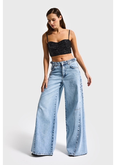 it's basic Kadın Kot Rengi 4s6-3 Baggy Palazzo Fit Kemer Detaylı %100 Koton Denim Jean Mavi