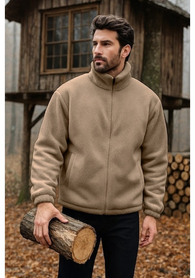 Ghassy Co. Erkek Pro Termal İç Dış Sherpa Sonbahar Kış Tam Fermuarlı Peluş Sweatshirt Bej