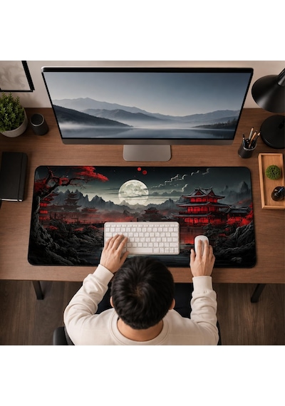 Zen Xxl Mouse Pad 90x40 Cm, Büyük Masa Matı, 3 Mm Dikişli Kenar, Kaymaz Kauçuk Taban, Gaming Mousepad Crimson Temple