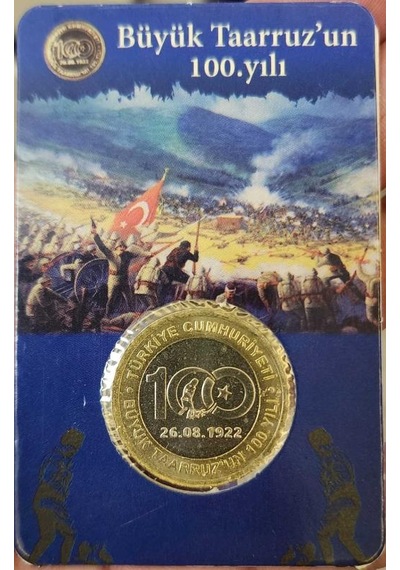 Türkiye Cumhuriyeti Büyük Taarruz'un 100. Yılı Hatıra 1 Lira 2022 Tanıtım Kartında Çil Kondisyon.  Teşhir Ürün