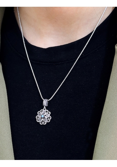 Firuze Taşlı Gül Model Oksitli 925 Ayar Gümüş Telkari Kadın Kolye 201025652