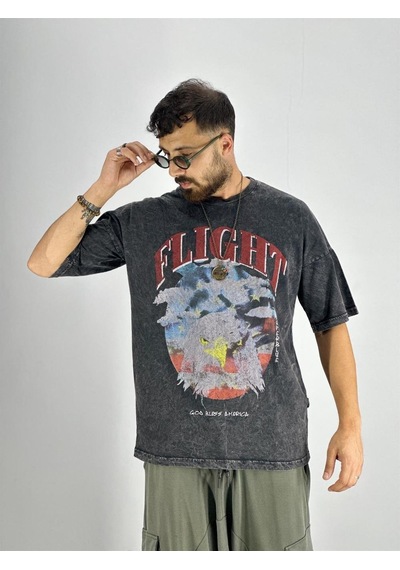 Cocopelli Erkek Yıkamalı Kumaş Baskılı T-shirt Coc2217 Siyah
