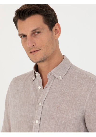 Cacharel Kahverengi Slim Fit %100 Keten Gömlek