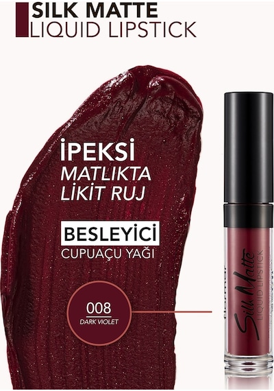 Flormar Kadife Dokulu Likit Mat Ruj - Silk Matte Liquid Lipstick - 008 DARK VIOLET - 8690604397372 Flormar Kadife Dokulu Likit Mat Ruj - Silk Matte Liquid Lipstick - 008 DARK VIOLET - 8690604397372