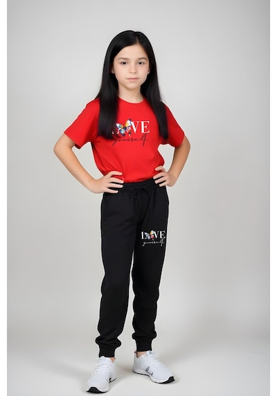 Fyk Kids Kız Çocuk Baskılı Love Your Self Bel Detayı Lastikli Alt-üst Takım Kırmızı