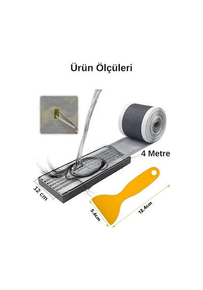 Mucit Home 10 Cm 4 Metre Çok Amaçlı Gider Süzgeci Sineklik Tamir Kiti Saç Kıl Tüy Tutucu Gri