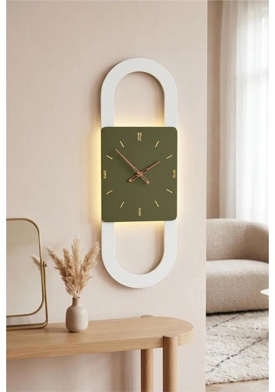 Berlin Ahşap Salon Duvar Saati Pilli Ledli Quartz Ultra Sessiz Mekanizma 28 Cm X 85 Cm Haki