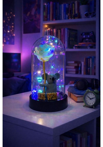 Fanus İçinde Koala Ve Gül Figürlü İyi Ki Varsın Yazılı Peri Led Yıl Dönümü, Doğum Günü Hediyesi Gold Gri
