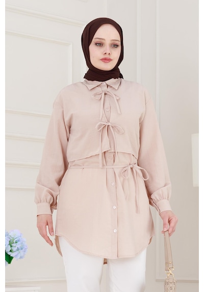 Sevitli Cepken Detaylı Bağlamalı Keten Tunik-bej-5114 Bej