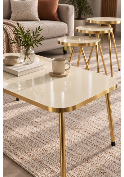 Sulorahome Gold Metal Düz Ayak 4'lü Sehpa Seti Krem Altın - Krem